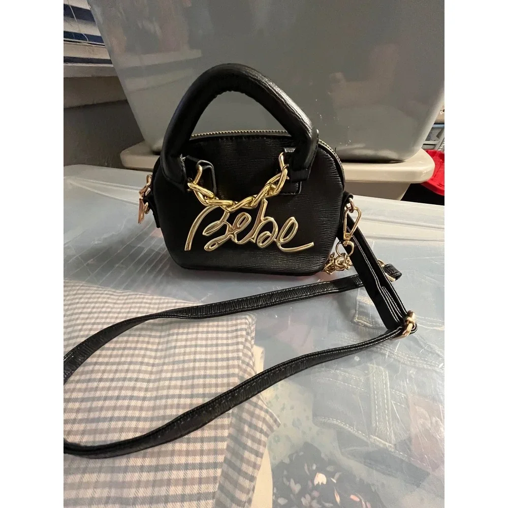 Bebe Black Mini Dome‎ Satchel Crossbody Bag Gold Logo Chain Textured Handbag